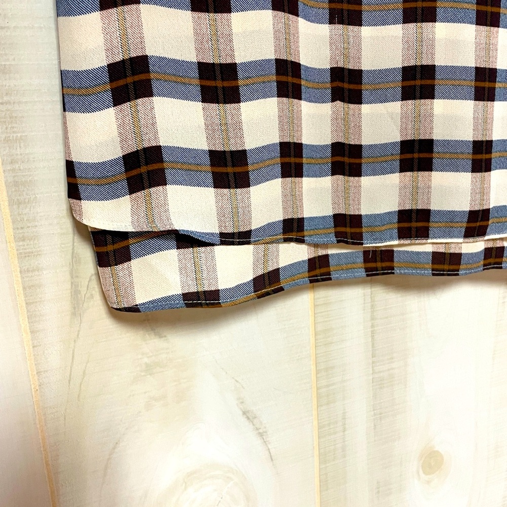 Ann Taylor Factory Brown Blue Beige Plaid V Neck Layered Hem Tank Top Sz L - Picture 5 of 5